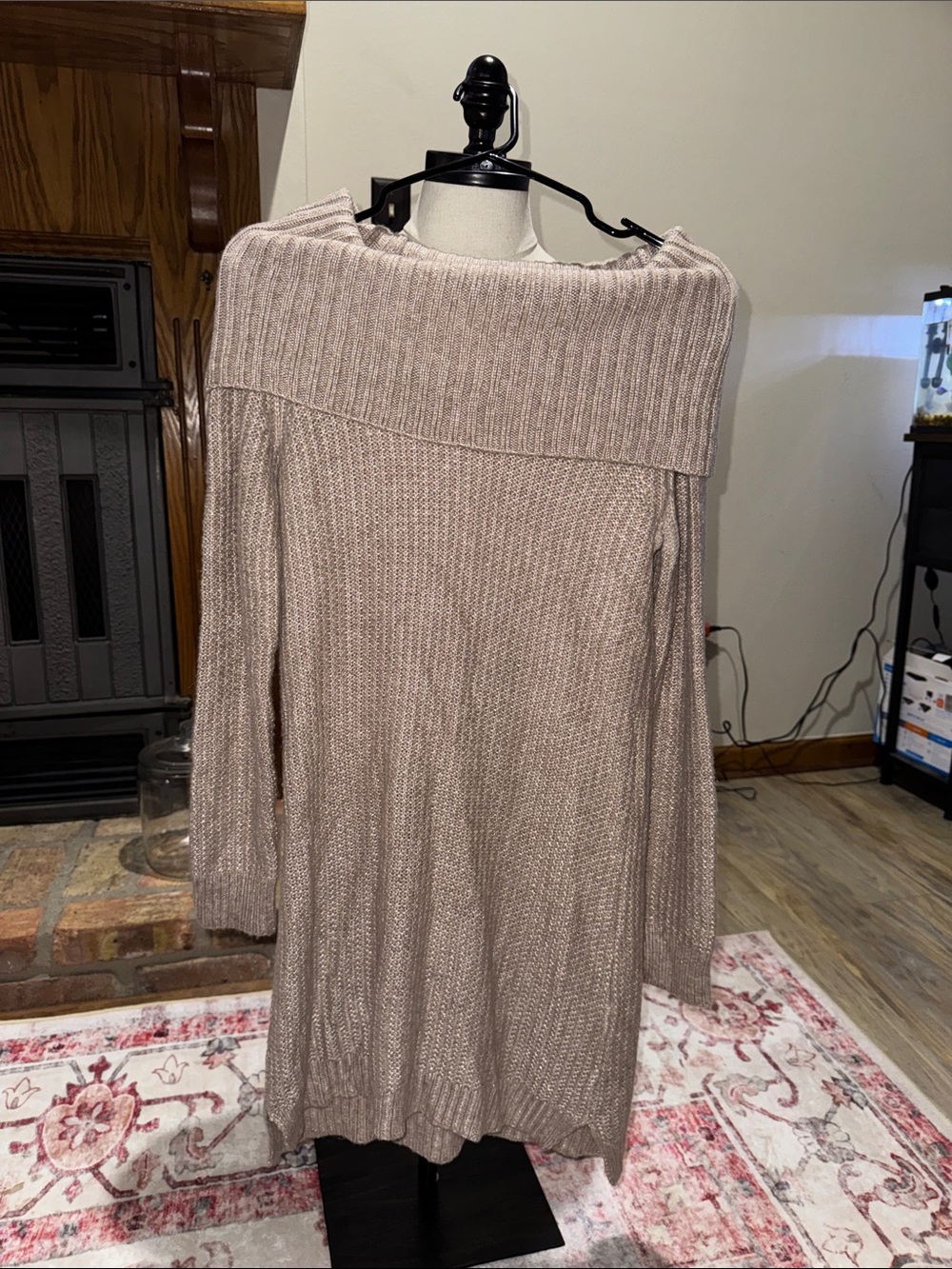 White House Black Market Off-the-Shoulder Longline Sweater Dress in Taupe